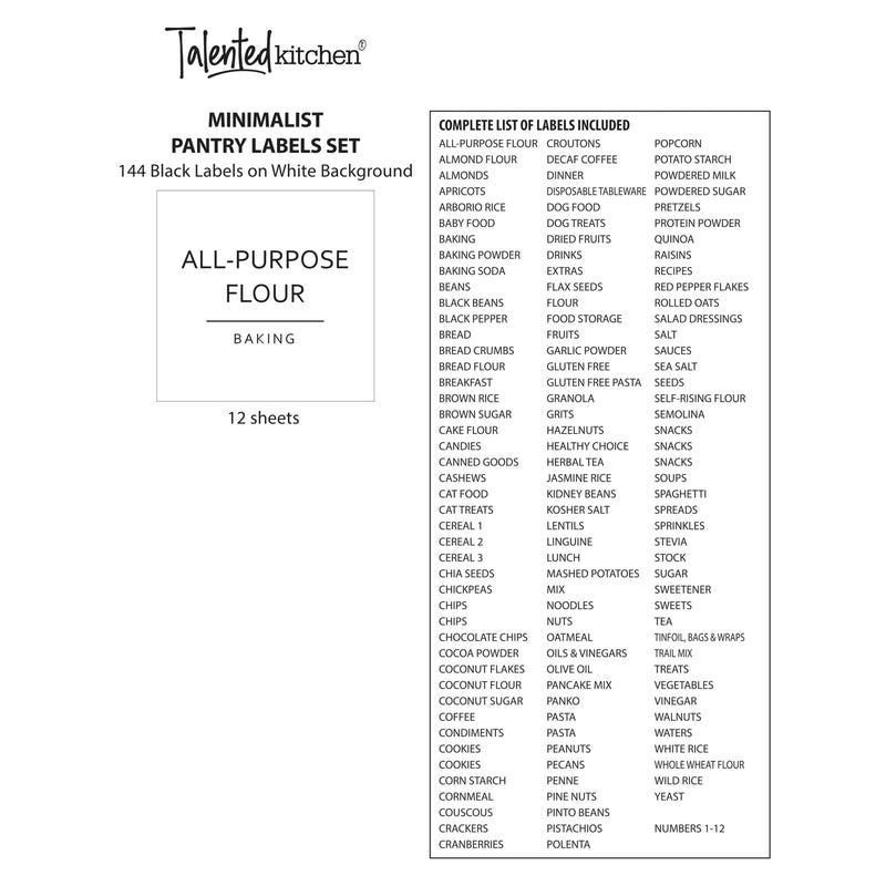 Talented Kitchen Pantry Labels for Containers - 144 Matte Vinyl Stickers, 2.5 x 2.5 in, Black on White, Water Resistant - Food Labels & Ingredient Stickers for Spice Jars & Baking Organization Black Text on White Backing