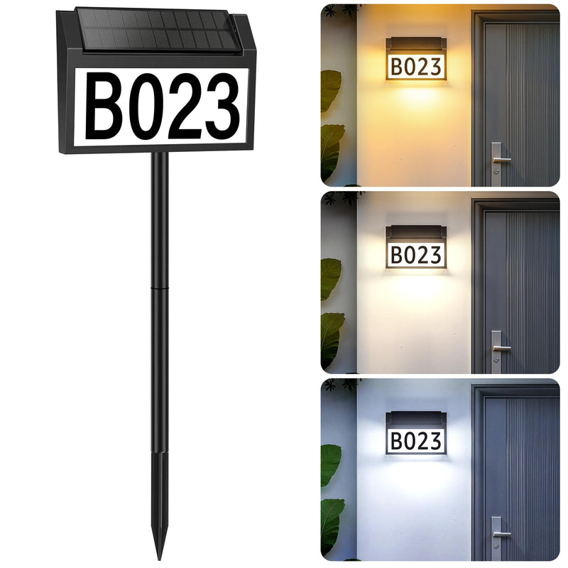 Solar Lighted House Numbers for Outside, 3 Color Modes Solar Address Signs, Outdoor Waterproof LED Illuminated Address Plaque with Stakes for Yard Home Garden Lawn Street