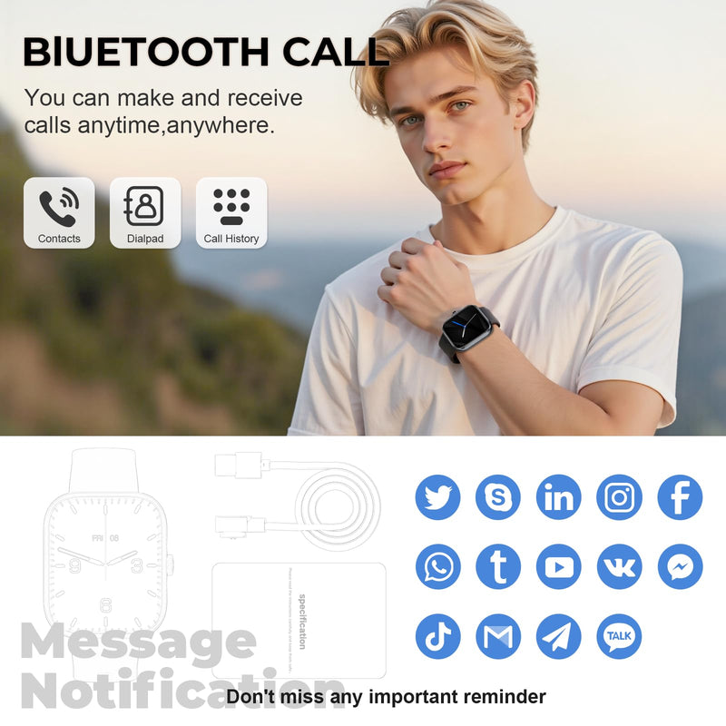 Smart Watch for Men Women, Bluetooth Call&Message Notifications, 1.83" HD | Fitness Watch for iPhone & Android, 110+ Sport Modes, Heart Rate&Sleep Monitor, IP68 Waterproof Fitness Tracker, Pedometer Black