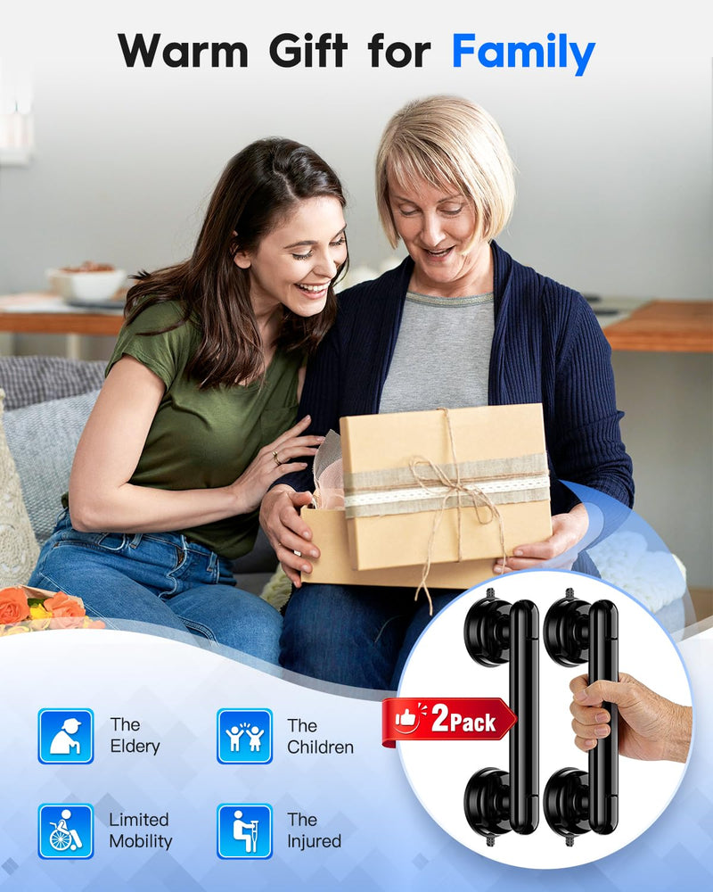 Upgraded 2-Pack Grab Bars for Shower Bathroom Wall, Heavy-Duty Suction Grab Bars Shower Handle Safety for Elderly Seniors Handicap, No Drilling Tool-Free, Easy Removal and Reusable (Black) Black (2 Pack)