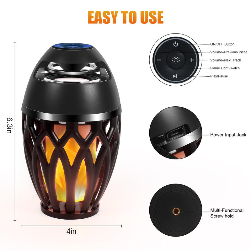 Outdoor Bluetooth Speakers, Wireless Speaker with LED Flame Speaker,Ipx5 Waterproof Design, Bluetooth 5.0 LED Flame Lamp for Outdoor Party, Camping and Desktop Decoration (Black)