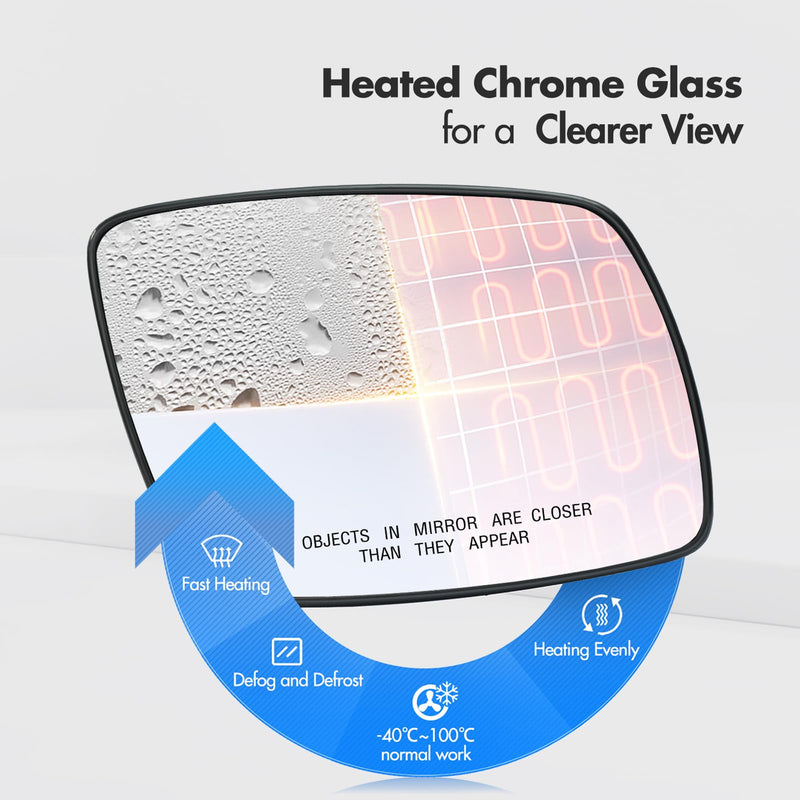 Compatible with Dodge Journey Passenger Side Mirror 2009 2010 2011 2012 2013 2014 2015 2016 2017 2018 2019, Right Side Mirror Glass Replacement, Chrome, Power Heated with Backing Plate Passenger Side（RH）