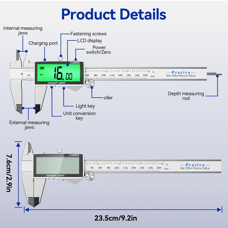 Rechargeable Digital Caliper 6 Inch, High-Precision Stainless Steel Vernier Caliper with Backlight, Support MM/in/F, Type-C Charging, LCD Screen Measuring Tool White