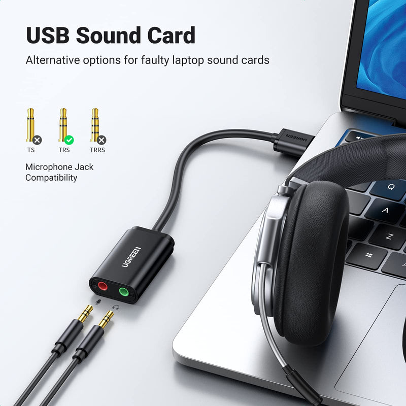 UGREEN USB to Audio Jack Sound Card Adapter with Dual TRS 3-Pole 3.5mm Headphone and Microphone USB to Aux 3.5mm External Audio Converter for Windows Mac Linux PC Laptops Desktops PS5 Switch 2 black