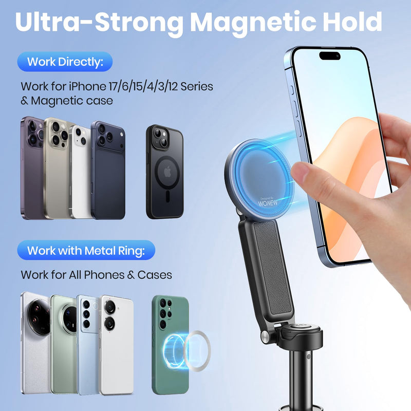 4-in-1 Magnetic Selfie Stick, Pocket Size 360° Rotation Phone Tripod | With Wireless Remote and Metal Ring, Extendable Cell Phone Stand Camera Grip Handle for Video Recording Travel Live Streaming Black