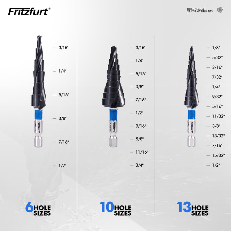 3-Piece M35 Cobalt Step Drill Bit Set — CBN Ground, AlTiN Coated, 1/4" Hex Shank | 6, 10 & 13 Steps | 1/8"–3/4" | Sheet Metal, Stainless Steel, Electrician
