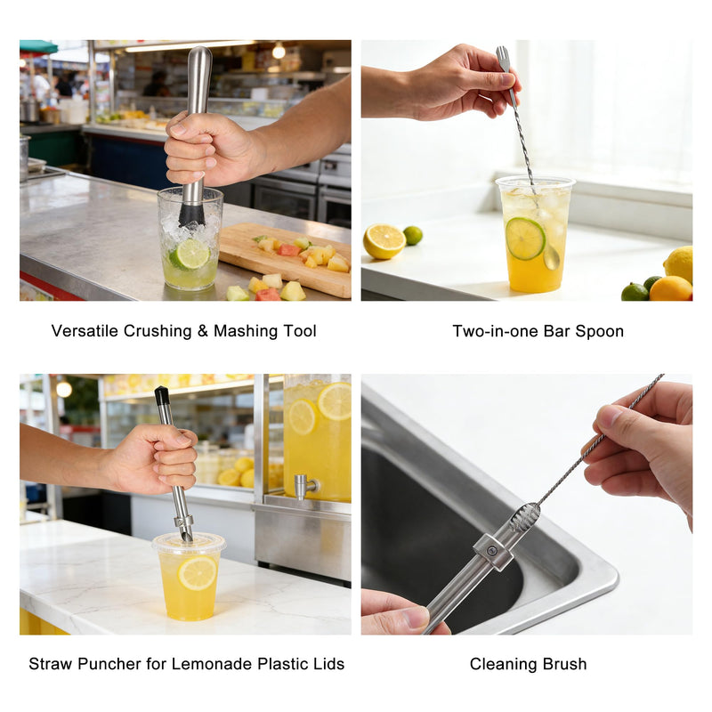 Yoption Lemonade Stand Supplies Tool Kit, Include Muddler, Straw Puncher, Stainless Steel 3-5 Gallon Water Jug Stand, Dispenser Valves, Straw Brush and Mixing Spoon for Lemonade Preparation