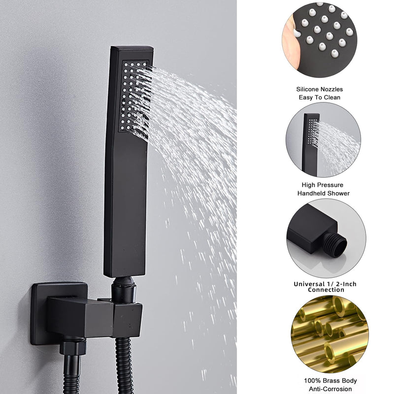 Black square hand shower head, handheld shower head with hose,brass High pressure flushing With adjustable water supply elbow Wall mount connector Shower bracket and hose set Black