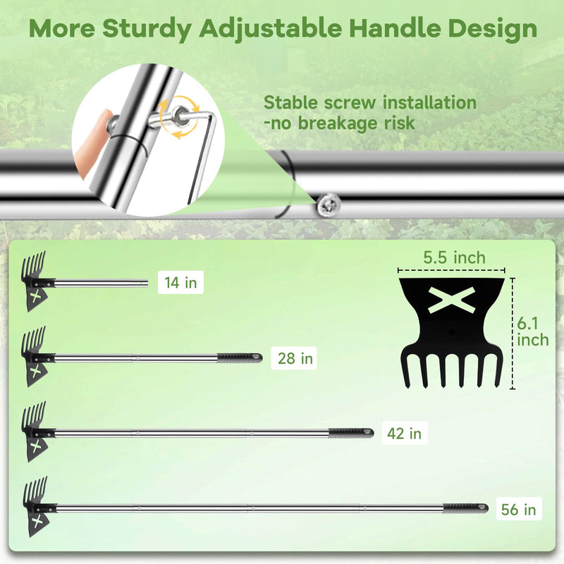 2 in 1 Garden Hoe and Cultivator Weeding Rake 6 Tines, Manual Weed Puller Tool with Long Handle, 56" Heavy Duty Hand Weeder Remover Tools for Patio, Lawn, Garden, Flower Beds, Loosen Soil and Planting