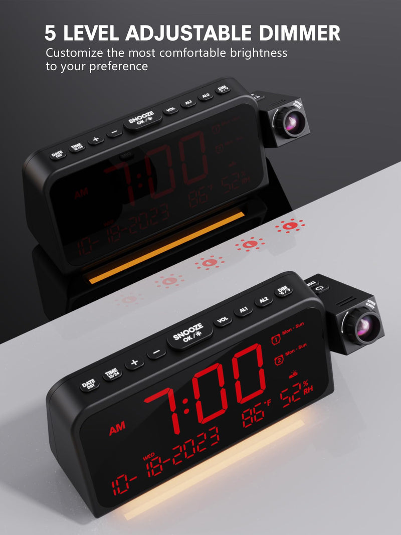Projection Alarm Clock for Bedroom Ceiling, Digital Clock Projector with Weekday/Weekend Mode, Date, Temperature, Humidity, Type-C USB Charger, Night Light, Dual Alarms, DST, Dimmer,12/24H Red Digit+ Red Projection