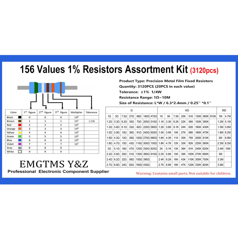 3120 Pcs 156 Values Metal Film Resistor Assortment Kit, 1/4W 1% Tolerance (1Ω-10MΩ), Professionally Organized with Labeled Bags & Durable Case | Ideal for DIY, Electronics, and Precision Circuits 1/4 Watt 156 values