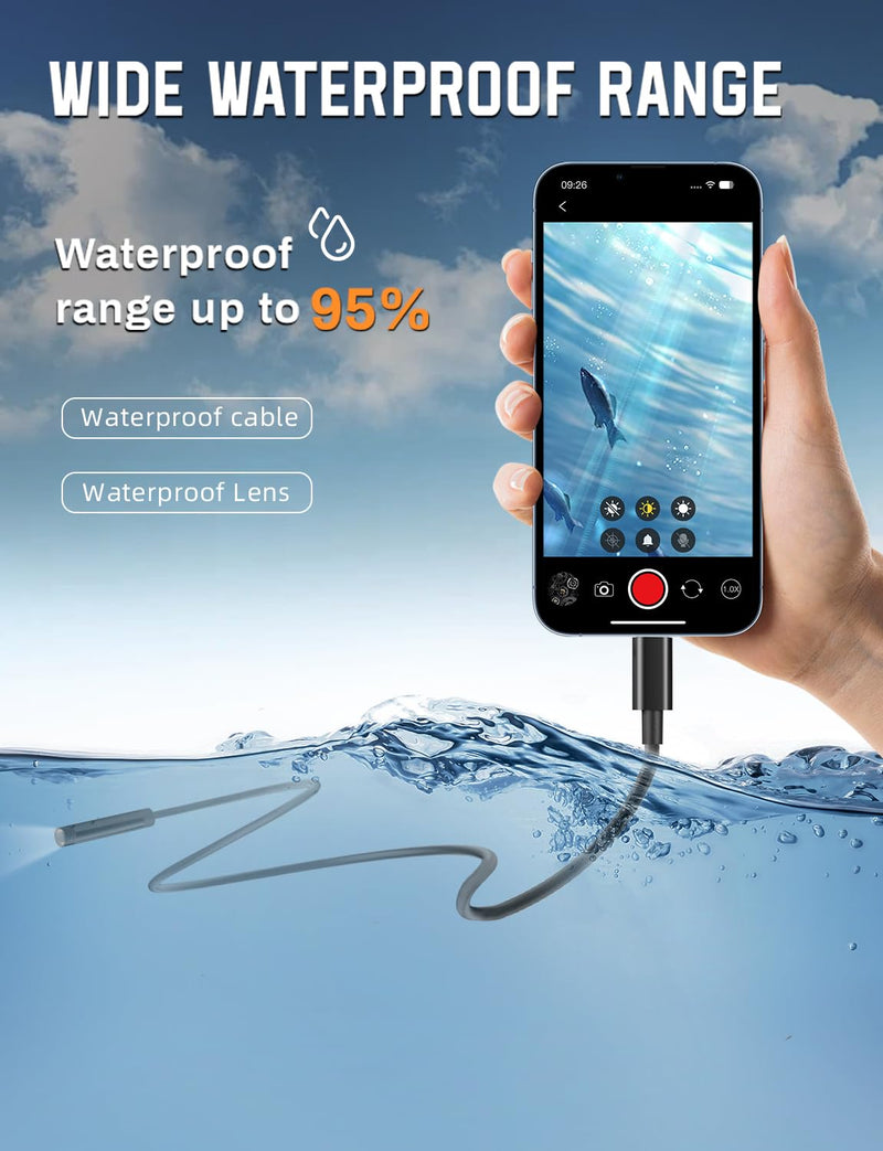 Endoscope Camera with Light 1920P HD, 6FT Semi-Rigid Snake, 8 Adjustable LED Light, 8mm IP67 Waterproof Inspection Camera for iOS