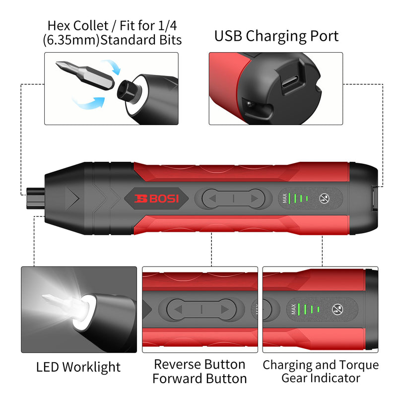 B Bosi Tool 4.2V Electric Screwdriver, Repair Tool for Electronics Phone, Electric Screwdriver Cordless Includes Bit Set, USB Charging Cable, Bit Connector