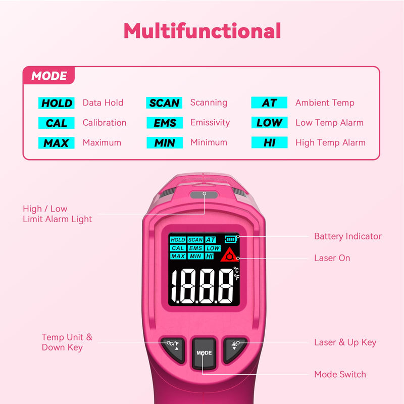 Wintact Laser Infrared Thermometer Gun Pink, -58°F to 1112°F Surface Heat Temperature Gun, Non-Contact Digital Thermometer for Kitchen Cooking Food, Pizza Oven, BBQ, Griddle, Soap Making, HVAC WT313SP