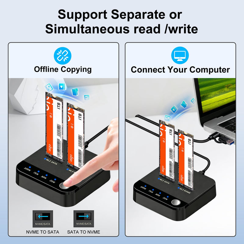 20Gbps M.2 Cloner & Duplicator, Dual Bay NVMe SATA SSD Enclosure | Tool-Free with Storage Box,Cross-Protocol Offline Clone,NVMe B+M/M-Key PCIe M2 Reader Support, M.2 Docking Station up to 16TB NNME SATA SSD Duplicator