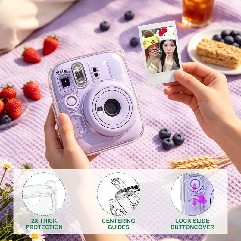 Clear Camera Case for Fujifilm Instax Mini 13, Purple Camera Strap | Protective Cover with Anti-Accidental Shutter, 4 Composition Cards, Photo Storage Holds 10 Films,Clear Hard Shell, No Camera