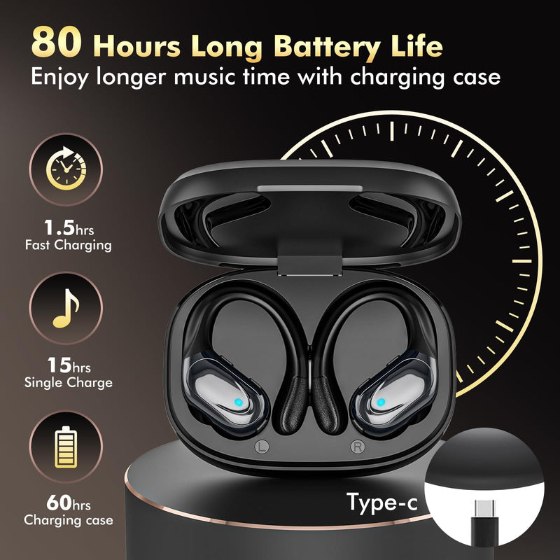 HAOYUYAN Wireless Earbuds, Sports Bluetooth Headphones, 80Hrs Playtime Ear Buds with LED Power Display, Noise Canceling Headset, IPX7 Waterproof Earphones for Workout/Running (Black) Black