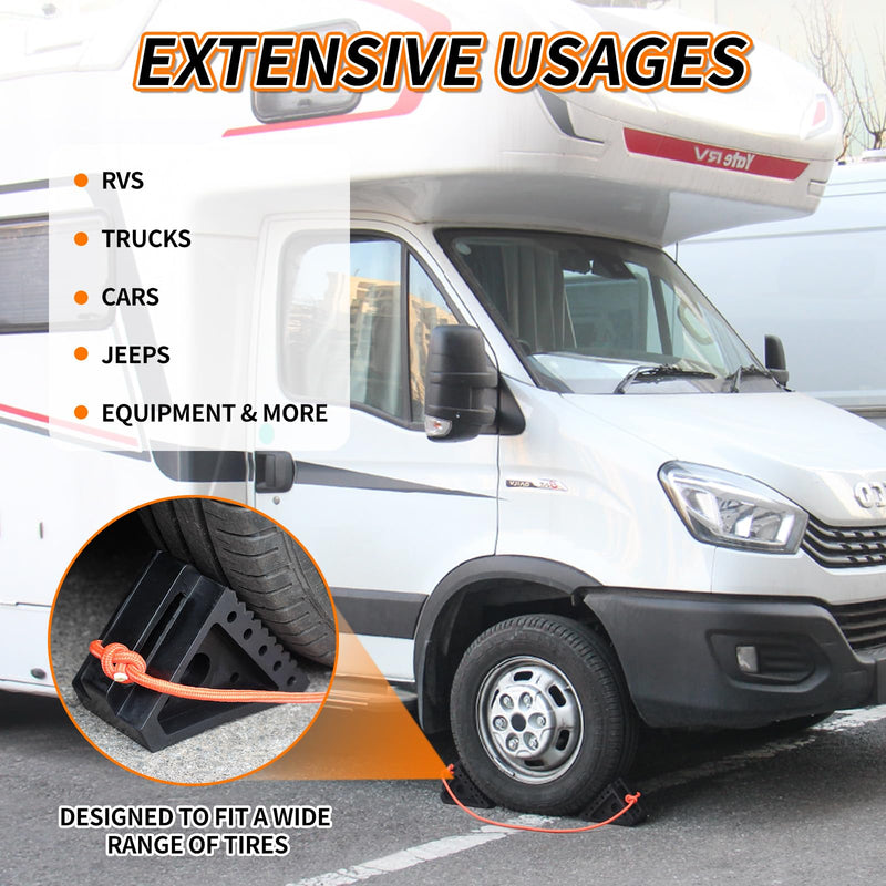 Premium Rubber Wheel Chocks with Carry Handles, Solid RV Tire Chocks for Camper, Travel Trailer, Trucks or ATV, Stable and Durable, 8.5" x 4" x 6" (4-Pack)