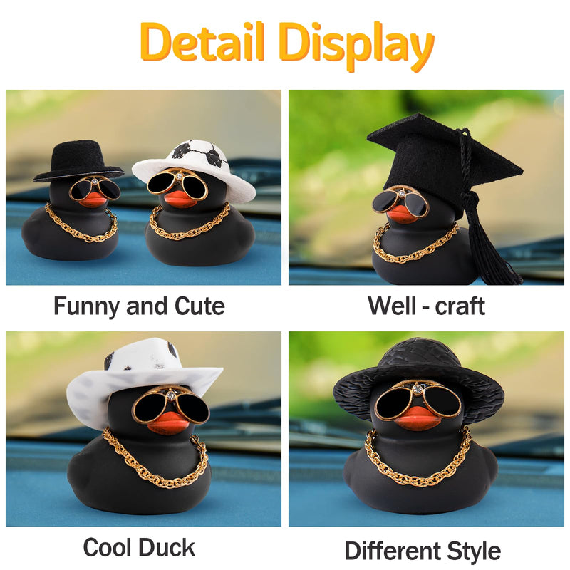 wonuu Car Dashboard Rubber Duck Ornament, Car Decoration Colour Ducks Accessories with Mini Hat Necklace and Sunglasses, M-Black-Top Hat