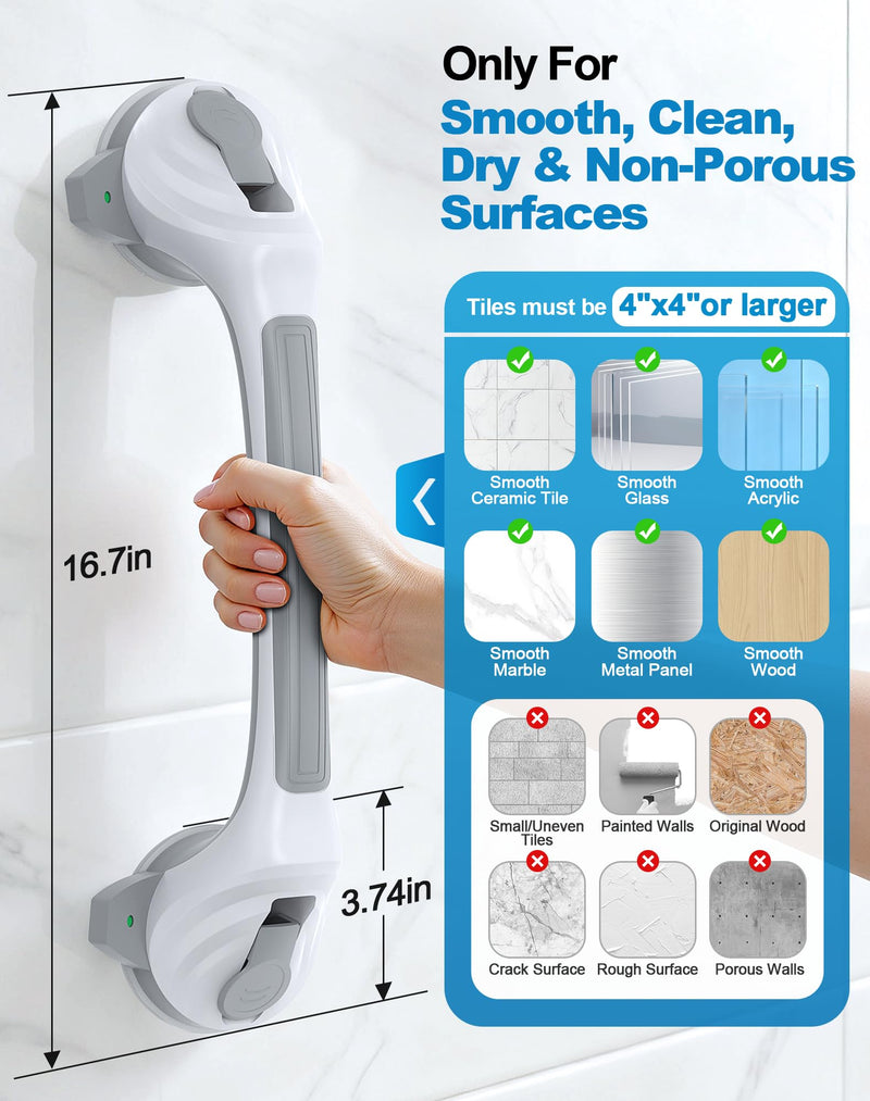 Grab Bars for Shower, 16.7" Shower Grab Bars for Seniors, Heavy Duty Suction Cup Shower Handle with Safety Indicators, No-Drill Anti-Slip Bathroom Shower Bars for Elderly & Handicap, 2 Pack White-Standard