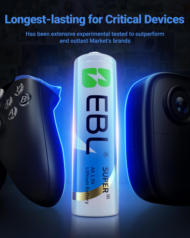 EBL 3700mAh AA Lithium Batteries, 20 Pack 1.5V Longest-Lasting Non-Rechargeable, Upgraded Super Ⅲ Lithium AA Batteries for Blink Camera