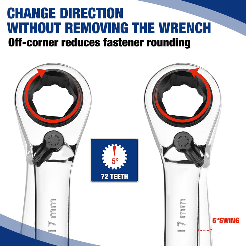WORKPRO 7-Piece 3-in-1 Reversible Ratchet Wrench Set, Metric 8mm to 17mm, 6PT & 12PT & Open-End Wrenches, 72-Teeth Ratcheting Combination Wrench with Rolling Pouch