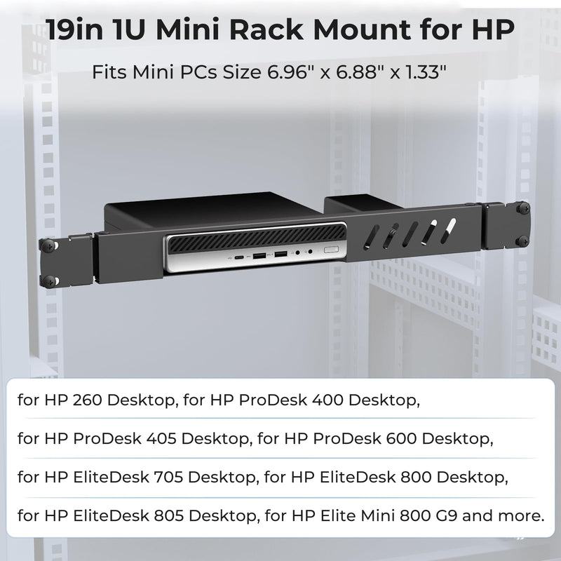 Mini Rack Mount for HP Desktop Mini PC, 19in 1U Hinged Server Rack Shelf, for HP 260 400 405 600 705 800 805 800G9, Mini PC Rack Mount for 19 inch Cabinet or Rack, with Cable Ties