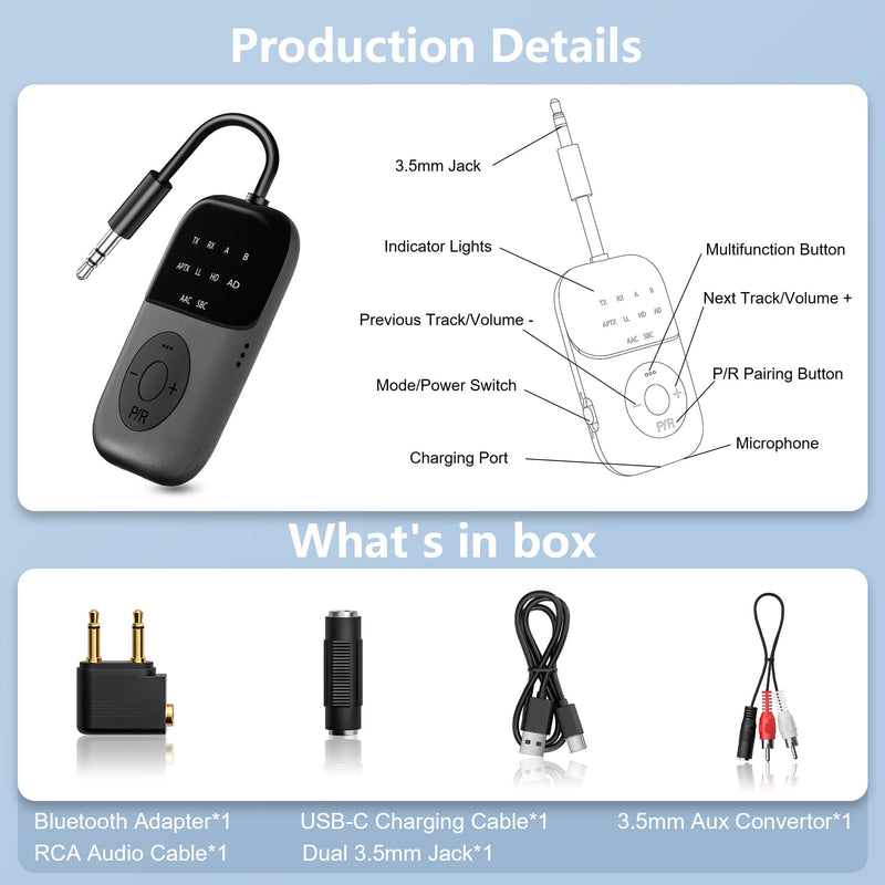 Bluetooth 5.4 Transmitter Receiver,2-in-1 Airplane Bluetooth Adapter | Dual Headphones & 24H Battery Life for TV, Airplane, Car, Tablets, Wireless TV Headpset, Compatible with AirPods & aptX black
