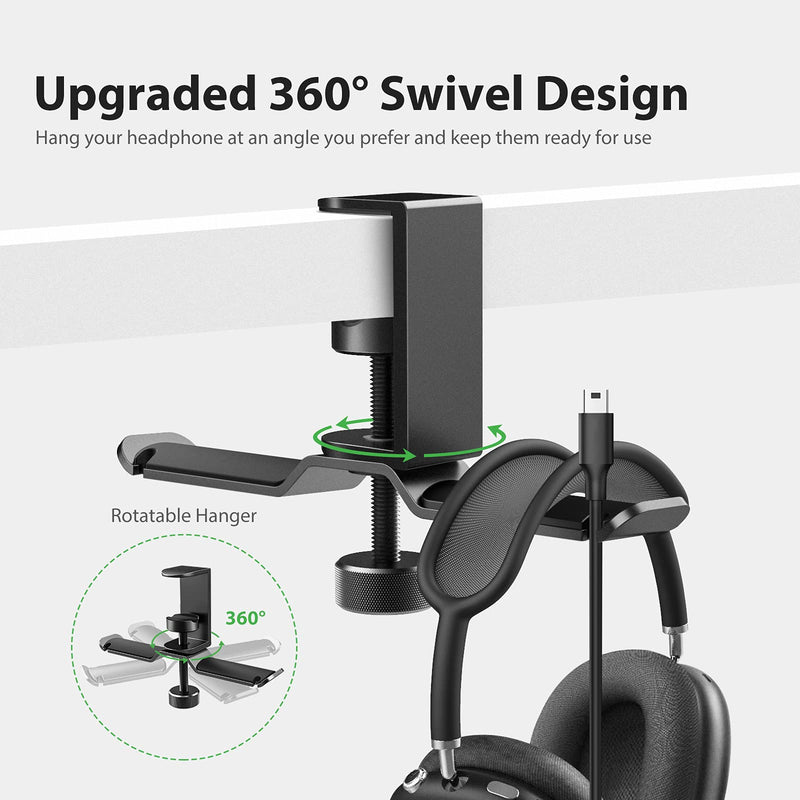 Dual Headphone Stand Hanger Under Desk, 360 Degree Rotating PC Gaming Headset Holder Aluminum Clamp Hook Space Save Mount, Universal Fit All Headphones, Black