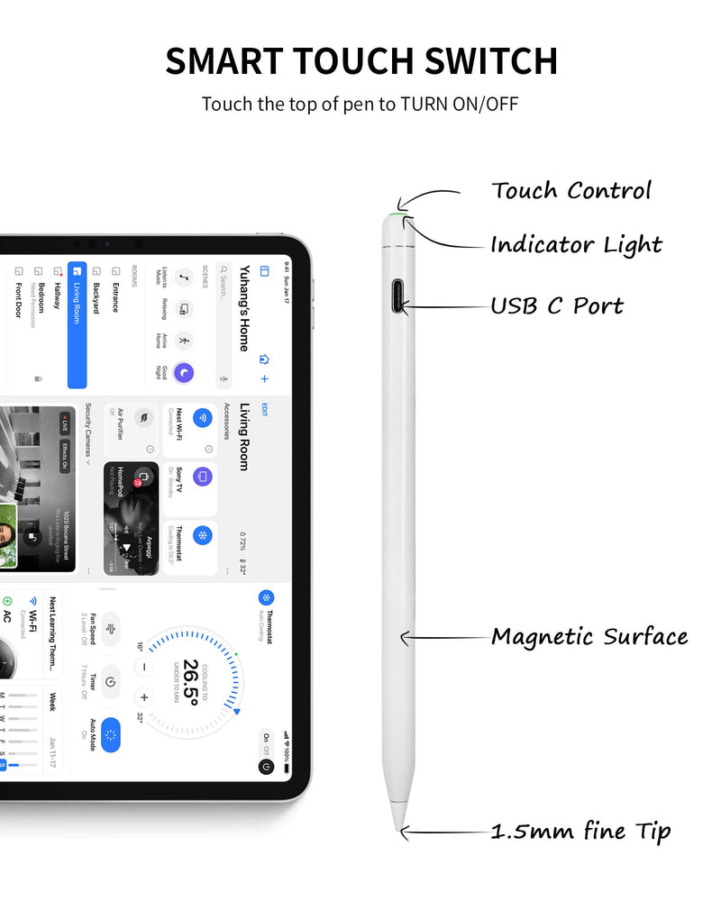 Stylus Pen for iPad 10th&9th Generation, Fast Charging Apple iPad Pencil with Palm Rejection, Tilt Sensitivity, Work for iPad Air 3/4/5, iPad Mini 5/6, iPad 6/7/8/9/10, iPad Pro 11", iPad Pro 12.9" White