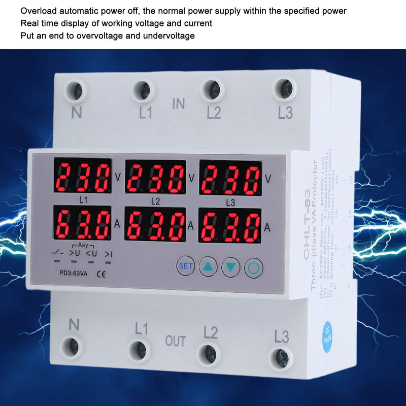 Digital 3 Phase DIN Rail Voltmeter Ammeter, AC230-300V Electricity Usage Monitor, Watt Kwh Frequency Power Factor Meter Multimeter Current Power Tester (63A)