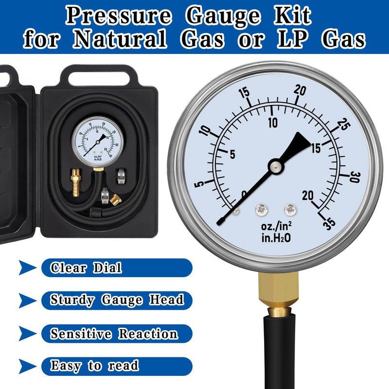 Manometer Gas Pressure Tester 0-35'' WC Natural or LP Gas Pressure Test Kit Natural Gas Meter Manifold Gauge with 1/8" NPT Brass Fitting Barbed Connection and 40" Hose Clamp