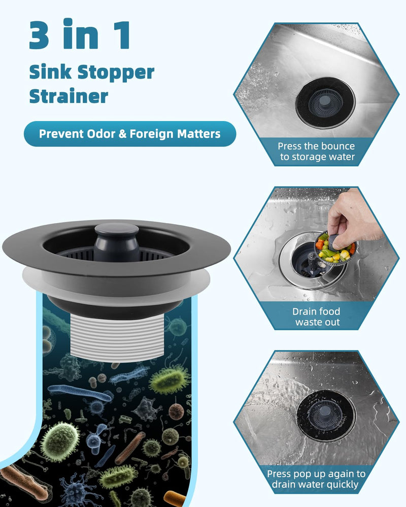 Universal 3 in 1 Kitchen Sink Drain Strainer Stopper Combo, 2PCS Matteblack Stainless Steel Shell Pop Up Sink Stopper for US Standard 3-1/2 inch Drain Filter, Anti-clog and Easy Clean 2 Black Metal Shell with Flat Handle Strainer