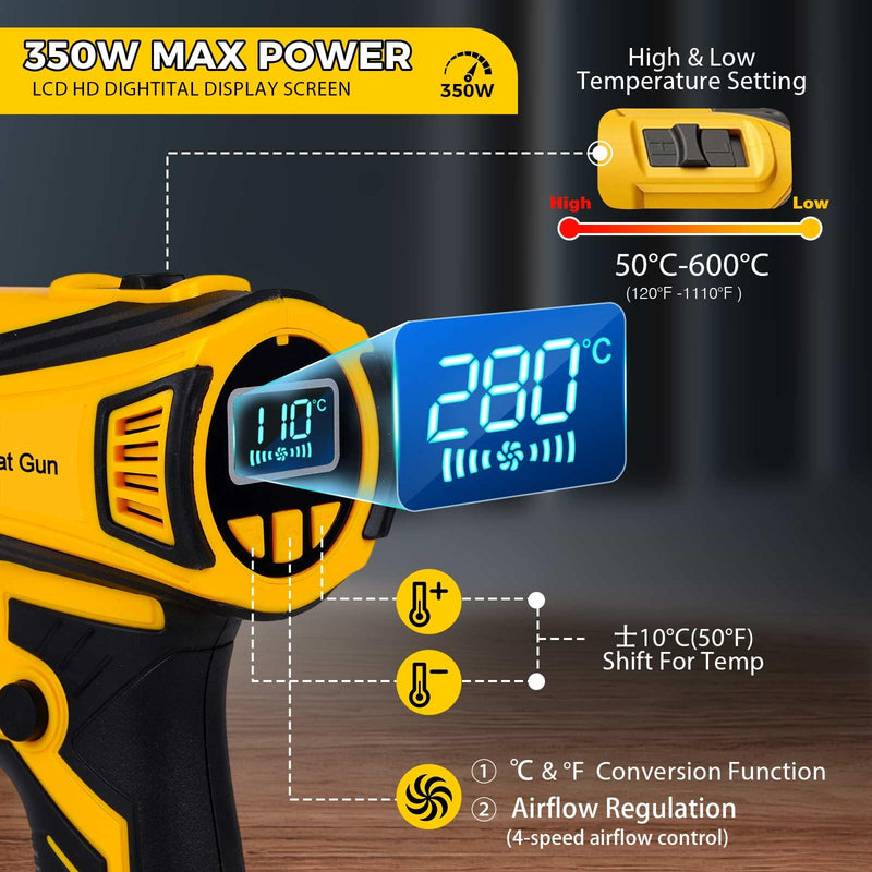 Cordless Heat Gun Compatible with Dewalt 20V Battery 350W Fast Heating 2-Temp Setting120℉-1110℉ Portable Hot Air Gun with LCD Display 4Nozzle for DIY shrink wrapping (Tool Only, Not Made by Dewalt)