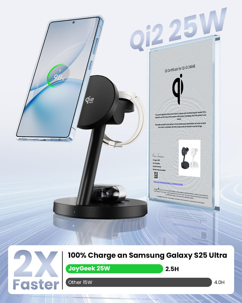 Qi2.2 25W Wireless Charger for Samsung - Joygeek Fast Magnetic Charging Station for Galaxy S26/S25 Ultra/Z Fold Flip7, Watch 8 Ultra/7/6/5 & Buds 4/3 Pro, 45W Adapter Included Matte Black