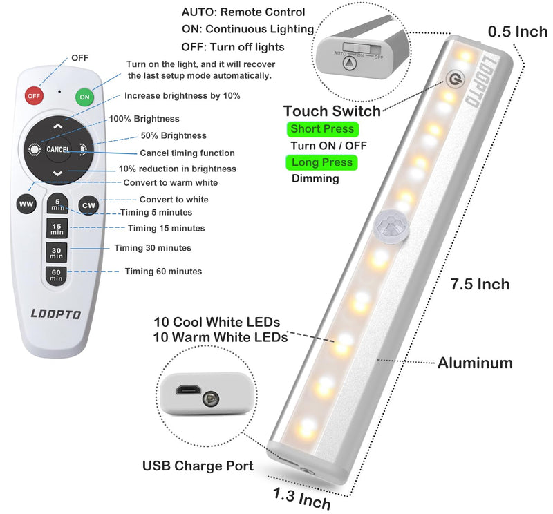 LDOPTO Under Cabinet Lights Wireless 4 Pack, Rechargeable Battery Operated Lights with Remote, Dimmable Led Closet Lights, Under Counter Lights Stick-on Touch Night Light for Kitchen, 3 Colors 4 PCS