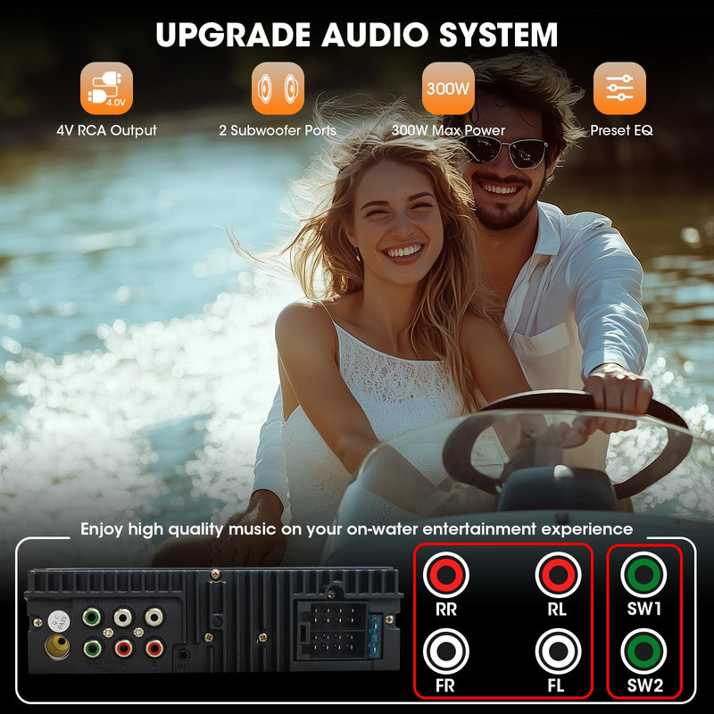 Single Din Marine Radio Bluetooth: Boat Stereo Receiver - Push to Talk Assistant Digital LCD Screen AM FM Tuner 4 Volts Preamp Outputs 2 Subwoofer Ports USB Charging Aux-in Remote Control White Single Din Marine Radio