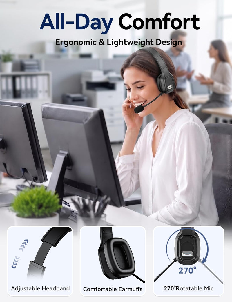 Bluetooth Headset with Mic, 60 Hours Talking Time Single-Ear Wireless Headset, ENC Noise Canceling, One-Touch Mute, Dual-Device Connection for Truck Driver, Office, Call Center, Phone/PC, Black