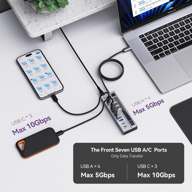 Minisopuru Powered USB C Hub – Support Max 45W Charging with 72W Power Adapter, 10Gbps Data Transfer, USB C to USB C Hub Charging for Meta Quest Pro, Steam, iPad Pro, iPhone, Watch (Not for Monitor)