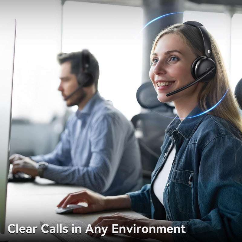 Wireless Headset with Mic for Work, Wireless Headset with Microphone (Noise Cancelling), Smart Mult-Func Dock, 65H Worktime&Fast Charge Bluetooth Headphones for Work/PC/Computer/Call Center/Teams/Zoom Black