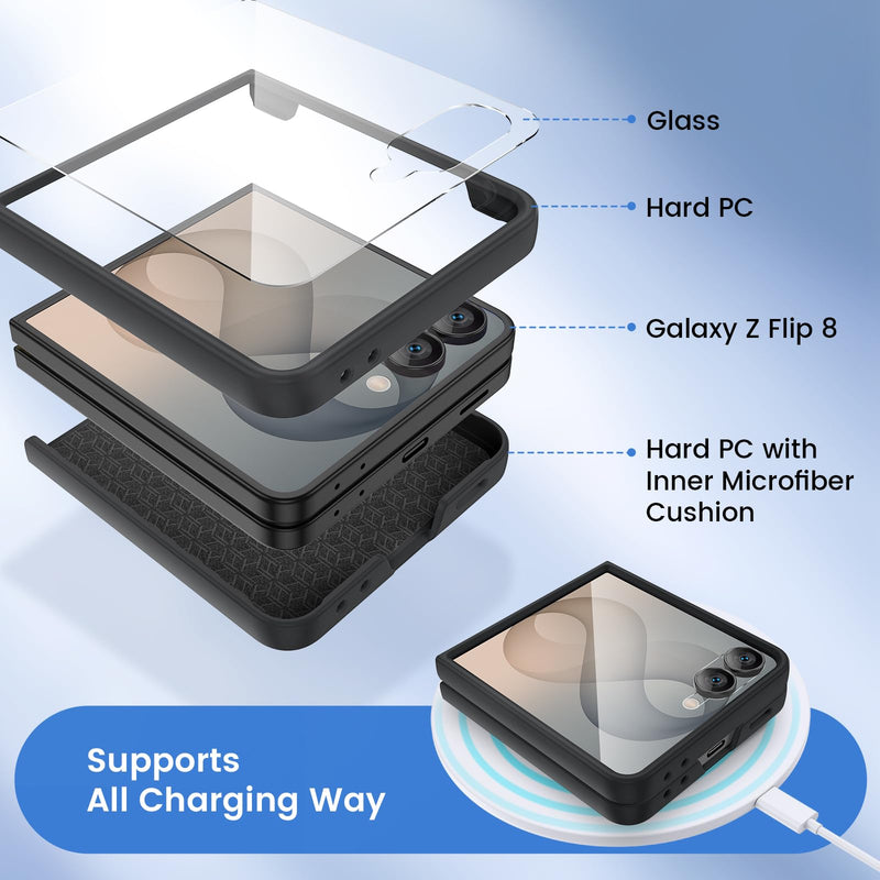 Ruky for Z Flip 8 Case, with Built-in Screen Protector, Black | Support Wireless Charging Hard PC Ultra-Thin Full Body Protective Phone Case for Samsung Galaxy Z Flip 8, Black A-Black Galaxy Z Flip 8 Case