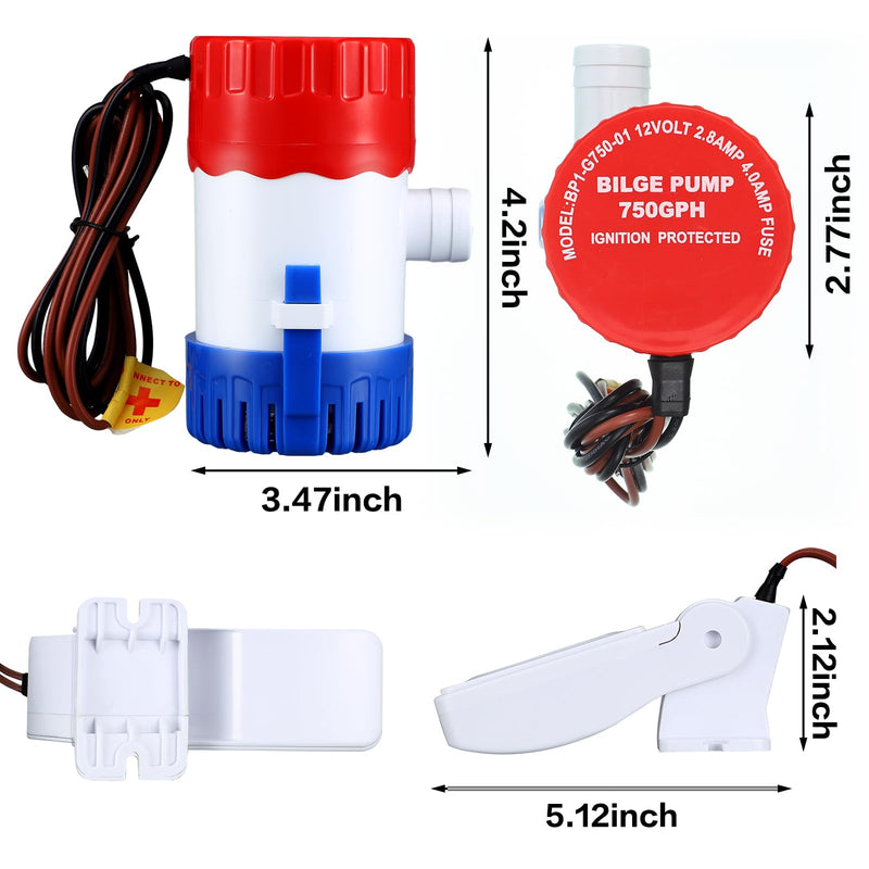 Landhoow Bilge Pump 12V with Float Switch Bilge for Boats DC 12V 24V 32V Portable Marine Electric Boat Water Pump(750 Gph) 750 GPH