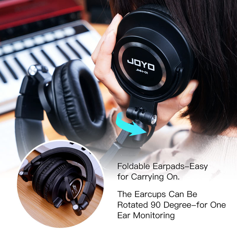 JOYO Studio Monitor Headphones Wired Audio Recording Monitor Headset Over Ear Headphones for Mixer Amplifier Podcast Keyboard Piano Deep Bass 3M Cable (JMH-01) Over-Ear Studio Monitor Black