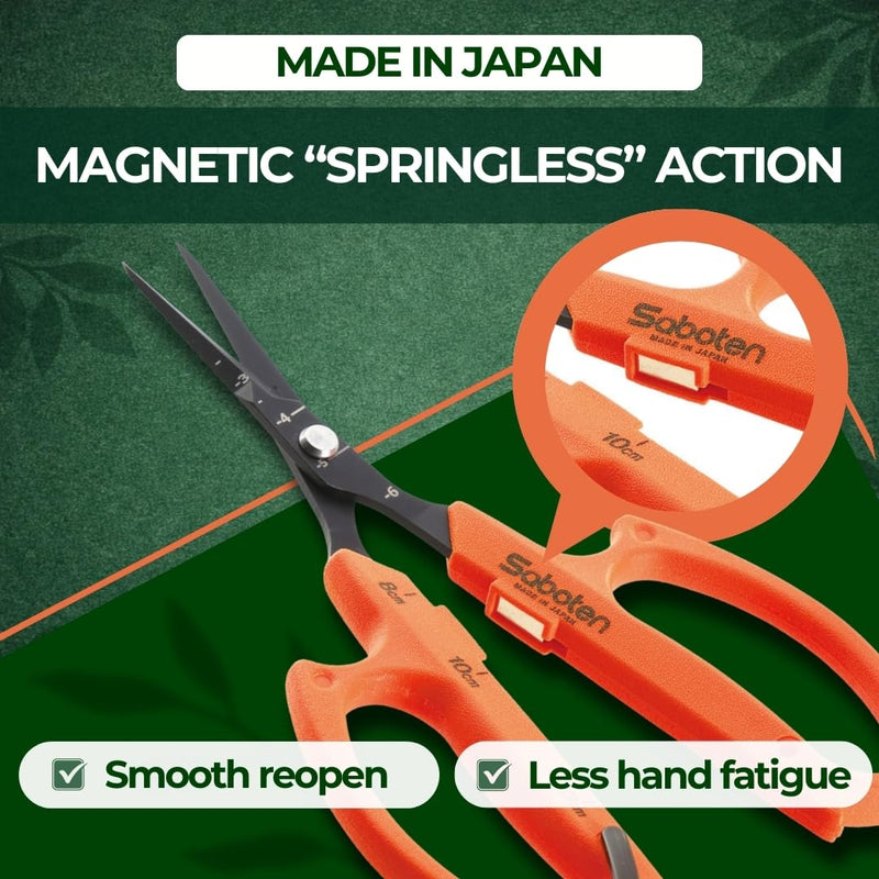 Saboten Japanese Harvesting Shears, Magnetic Springless, Fine-Tip Angled Blade, Fluorine-Coated Steel, Non-Slip Grip, Safety Lock, Made in Japan (Orange) Orange