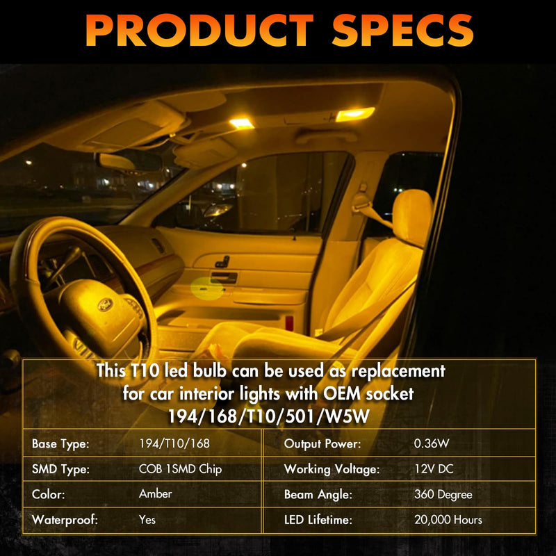 Alopee 30 Pack 194 Led Bulb Amber Acrylic T10 Amber Led Bulb DC 12V Car Interior Lights for 194 168 T10 2825 W5W Gauge Cluster Marker Dome Light