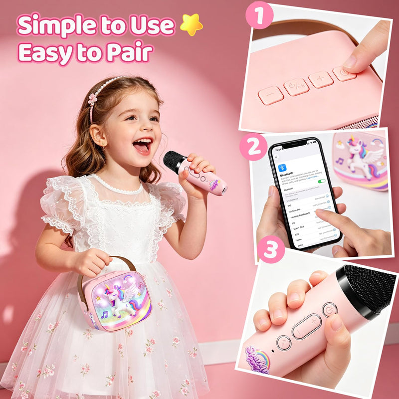 Unicorn Karaoke Machine for Kids, Clear&Loud Sound Portable Mini Karaoke Machine+2 Wireless Microphones for Kids, 4 Voice Changers+Bluetooth, Birthday Gifts for 2-8 Year Old Girls Unicorn Gifts