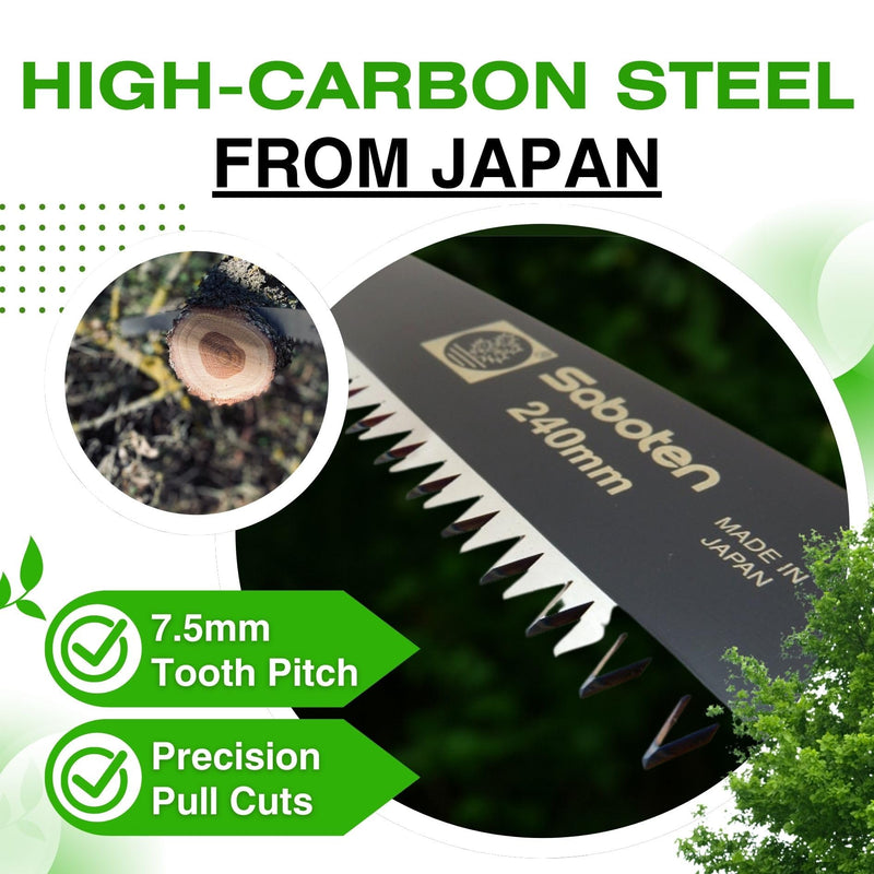 Saboten Japan 9.4" Japanese Pruning Saw – Fluorine-Coated High-Carbon Steel Blade, Traditional Wooden Handle, Precision Pull Cut Tool for Branches – forest Originals, Made in Japan