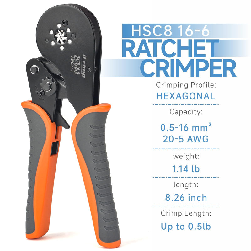 iCrimp Hexagonal Ratchet Crimper for End Sleeves and Ferrules 0.5-16mm2 AWG 20-5 Hexagonal AWG 20-5