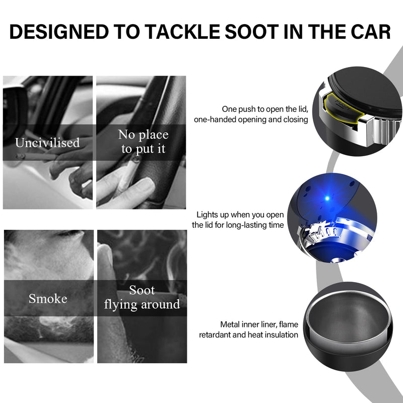 Car Ashtray with Lid, Detachable Stainless Smokeless Auto Ashtray with LED Blue Light, Portable Mini Trash Can for Cup Holder, Universal Vehicle Interior Accessories (Blue)