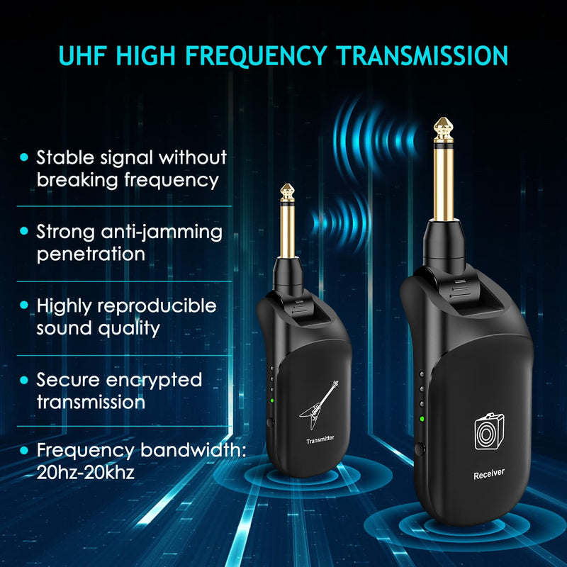 Bluetooth Wireless Guitar System: Upgraded UHF Wireless Transmitter Receiver for Guitar Bass Violin Keyboard Stereo and Mono 6.35 & 3.5mm 2 in 1 Plug